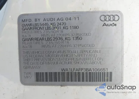 2011 Audi Q5 2.0T Premium from USA, damaged, VIN WA1LFAFP3BA106651